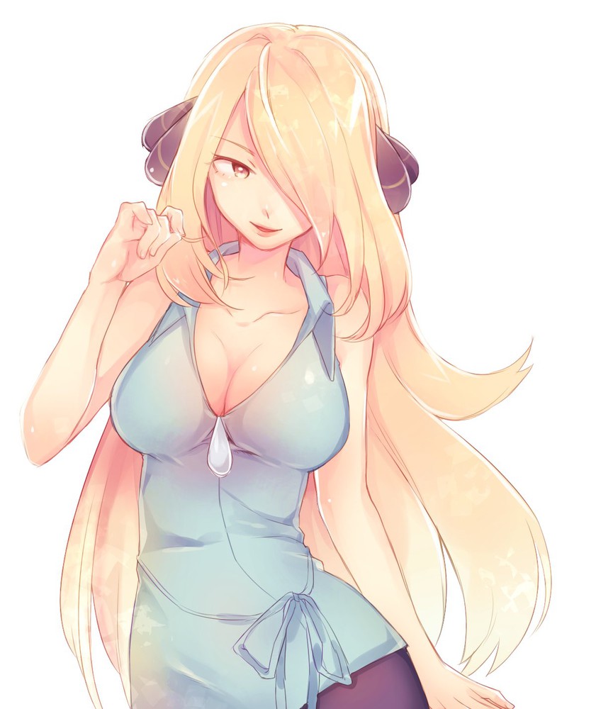 blonde_hair blue_dress breasts creatures_(company) dress game_freak large_breasts matching_hair/eyes nintendo pointy_nose pokemon pokemon_(anime) pokemon_bw_(anime) ribbon shirona_(pokemon) smile tagme yellow_eyes