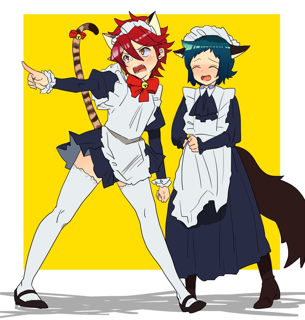 2boys alternate_costume animal_ears apron blue_hair blush boots cat_ears catboy crossdressing dog_ears dog_tail dogboy enmaided eyes_closed fangs frills gundam gundam_build_fighters hair_between_eyes hairband housengo iori_sei maid maid_apron maid_headdress mary_janes multiple_boys pointy_ears puffy_sleeves red_hair reiji_(gundam_bf) shoes smile sweatdrop tail thighhighs white_legwear yellow_eyes