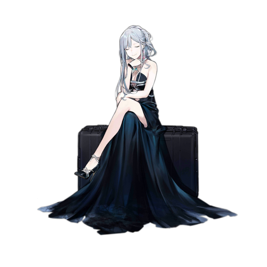 1girl ak-12_(girls_frontline) alternate_costume alternate_hairstyle aquamarine_(gemstone) bangs black_footwear blue_dress braid breasts cleavage closed_mouth dress duoyuanjun eyebrows_visible_through_hair facing_viewer french_braid girls_frontline halter_dress high_heels legs_crossed long_dress long_hair medium_breasts official_art ponytail ribbon sidelocks silver_hair sitting sleeveless sleeveless_dress smile solo transparent_background very_long_hair weapon_case wristband