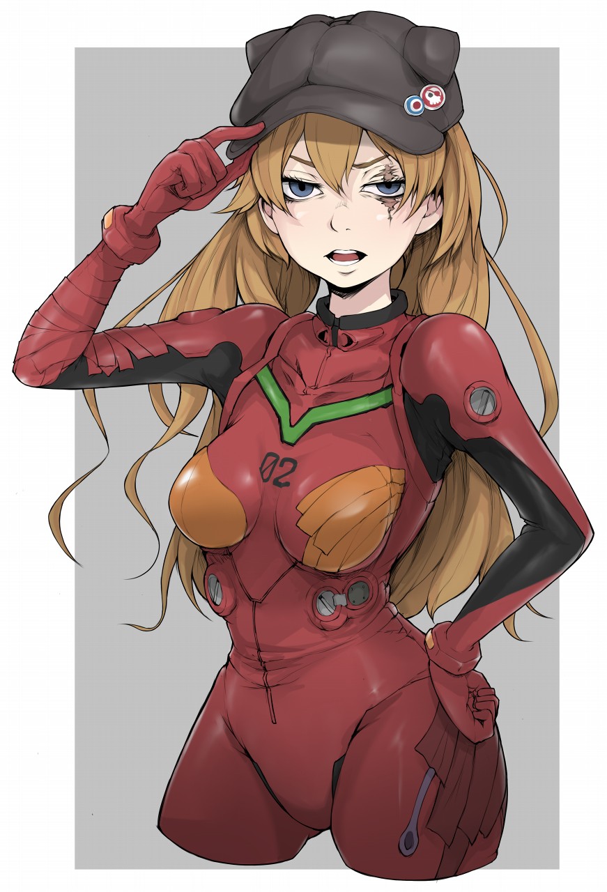 1girl adjusting_headwear bangs black_headwear blue_eyes bodysuit breasts cropped_legs evangelion:_3.0_you_can_(not)_redo flat_cap frown grey_background half-closed_eyes hand_on_hip hat highres ina_(gokihoihoi) long_hair medium_breasts neon_genesis_evangelion open_mouth orange_hair outside_border plugsuit rebuild_of_evangelion red_bodysuit scar scar_across_eye solo soryu_asuka_langley