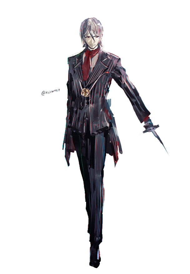 1boy antonio_salieri_(fate/grand_order) black_footwear fate/grand_order fate_(series) formal full_body gloves hair_between_eyes holding holding_weapon kei-suwabe long_sleeves looking_down male_focus medallion pinstripe_suit red_eyes red_neckwear scarf silver_hair simple_background sketch solo standing striped suit twitter_username weapon white_background