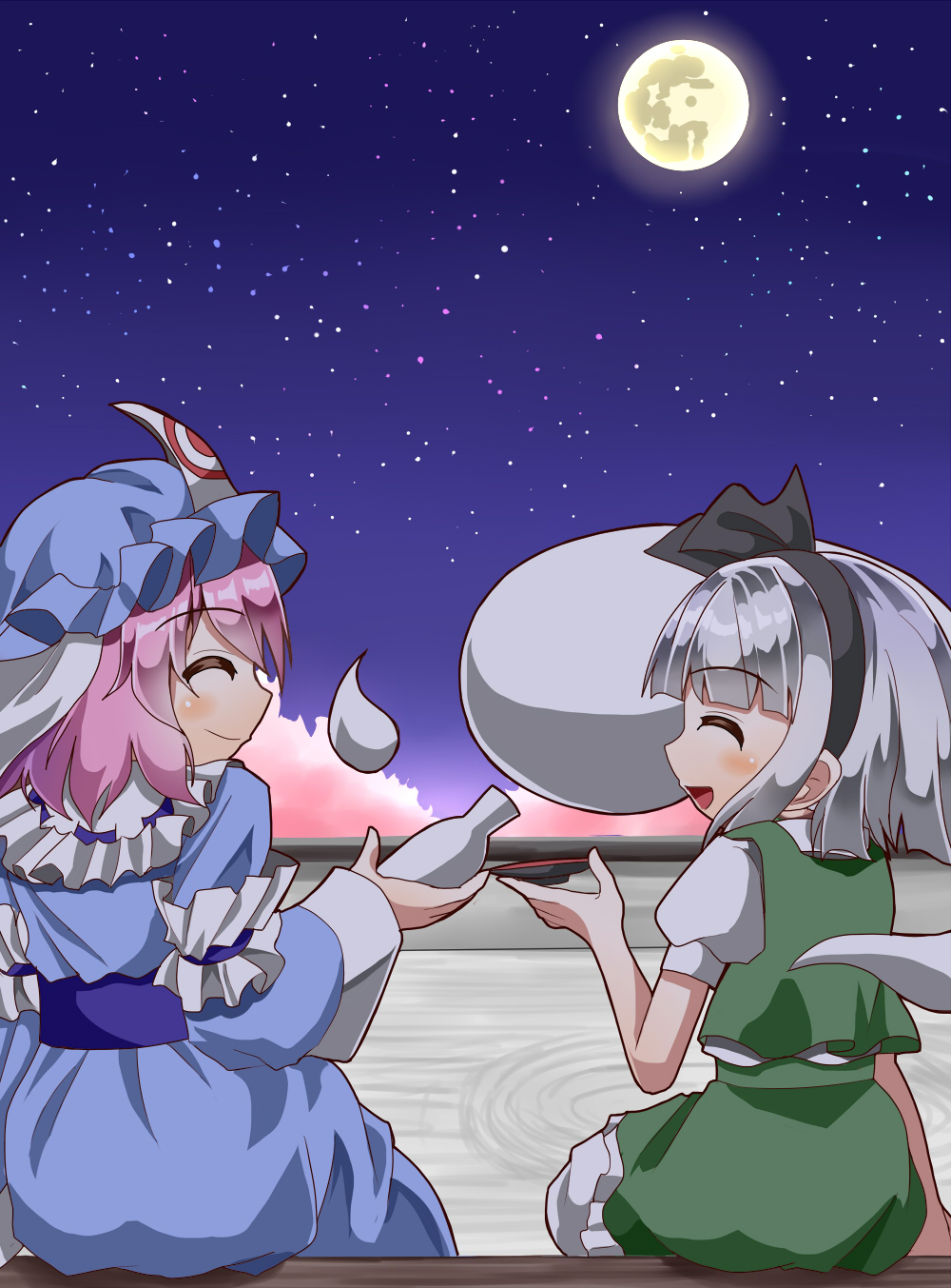 2girls ^_^ arm_garter arm_up blue_headwear blue_kimono cherry_blossoms closed_eyes commentary_request cup facing_another from_behind full_moon green_skirt green_vest hair_ribbon hat highres hitodama holding japanese_clothes kimono konpaku_youmu konpaku_youmu_(ghost) long_sleeves mob_cap moon multiple_girls night night_sky obi open_mouth outdoors pink_hair profile puffy_short_sleeves puffy_sleeves ribbon rock_garden saigyouji_yuyuko sakazuki sash shirt short_hair short_sleeves silver_hair sitting skirt sky smile star_(sky) starry_sky sugiyama_ichirou tokkuri touhou tree vest wall white_shirt