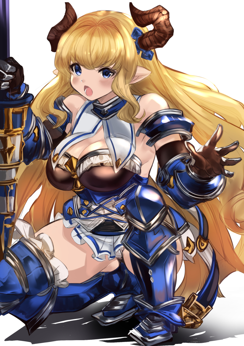 1girl armored_boots ass_visible_through_thighs blonde_hair blue_eyes boots breasts cleavage draph granblue_fantasy horns lance large_breasts maou_(maoudaisukiya) open_mouth planted_weapon pointy_ears polearm rastina squatting thighhighs thighs weapon white_background