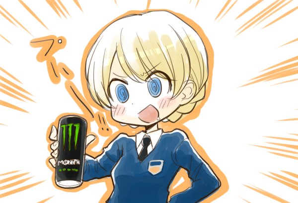 1girl @_@ bangs black_neckwear blonde_hair blue_eyes blue_sweater blush braid can collared_shirt commentary darjeeling dress_shirt emblem emphasis_lines energy_drink girls_und_panzer hand_on_hip holding holding_can inumoto long_sleeves looking_at_viewer monster_energy necktie open_mouth orange_outline ringed_eyes saliva school_uniform shirt short_hair smile soda_can solo st._gloriana's_school_uniform standing sweater swept_bangs tied_hair translated upper_body v-neck v-shaped_eyebrows white_shirt wing_collar