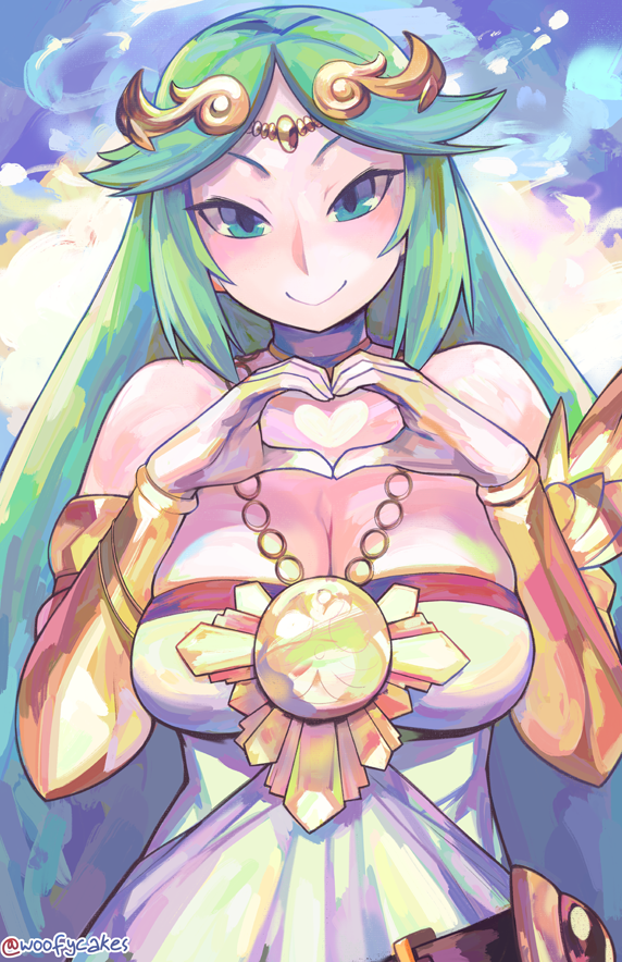 1girl bare_shoulders blue_sky blush breasts cleavage closed_mouth commentary dress english_commentary eric_muentes green_eyes green_hair heart heart_hands jewelry kid_icarus kid_icarus_uprising large_breasts long_hair looking_at_viewer medallion outdoors palutena sky smile solo standing tiara twitter_username upper_body very_long_hair white_dress