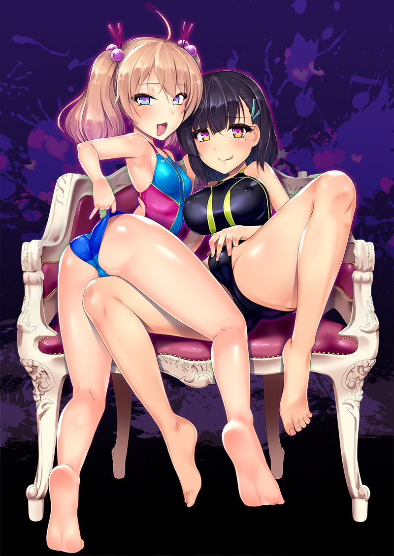 2girls 8000 arched_soles ass bare_legs barefoot black_hair blonde_hair blue_eyes breasts competition_swimsuit couch feet hair_ornament hairclip heart heart-shaped_pupils large_breasts legs looking_at_viewer multiple_girls one-piece_swimsuit original soles swimsuit swimsuit_pull symbol-shaped_pupils toes tongue yellow_eyes yuri