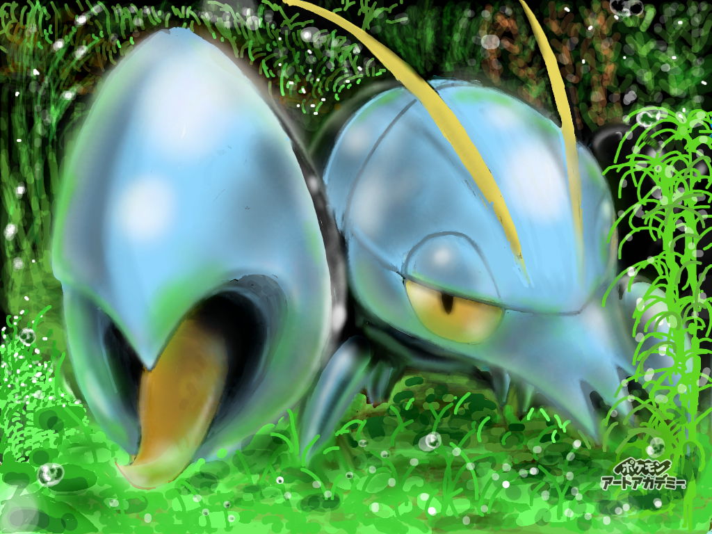 antennae black_eyes clauncher creatures_(company) dew game_freak gen_6_pokemon grass green_background half-closed_eyes japanese_text looking_at_viewer nintendo no_humans outdoors pokemon pokemon_(creature) solo sunaxet translation_request watermark yellow_sclera