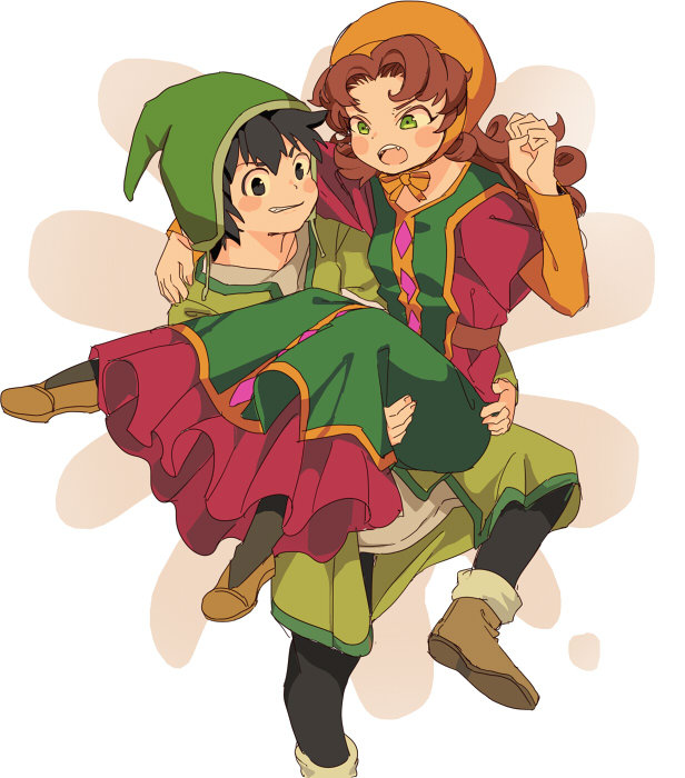 1boy 1girl breasts commentary_request curly_hair dragon_quest dragon_quest_vii dress green_eyes hat hero_(dq7) hood long_hair maribel_(dq7) miyama_(kannsannn) open_mouth red_hair smile