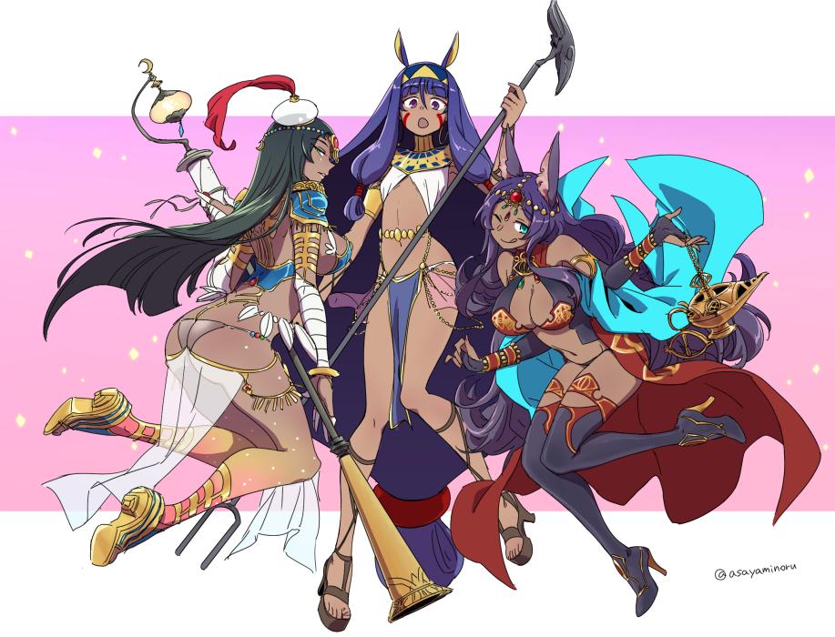 3girls ;q animal_ears asaya_minoru ass bandage bandaged_arm bandages bangle bangs bare_shoulders black_footwear black_legwear boots bracelet breasts bridal_gauntlets brown_footwear cleavage closed_mouth commentary_request crescent dark_skin earrings egyptian egyptian_clothes eyebrows_visible_through_hair facial_mark fate/grand_order fate_(series) forehead_jewel green_eyes green_hair hair_between_eyes hairband hat head_chain head_tilt high_heel_boots high_heels holding holding_staff hoop_earrings jackal_ears jewelry lantern large_breasts long_hair looking_at_viewer looking_to_the_side low-tied_long_hair mini_hat multiple_girls navel nitocris_(fate/grand_order) oil_lamp one_eye_closed open_mouth pauldrons pink_background profile purple_eyes purple_hair queen_of_sheba_(fate/grand_order) revealing_clothes sandals scheherazade_(fate/grand_order) see-through shoe_soles shoes sidelocks smile staff thigh_boots thighhighs tilted_headwear tongue tongue_out twitter_username two-tone_background very_long_hair white_background white_hat