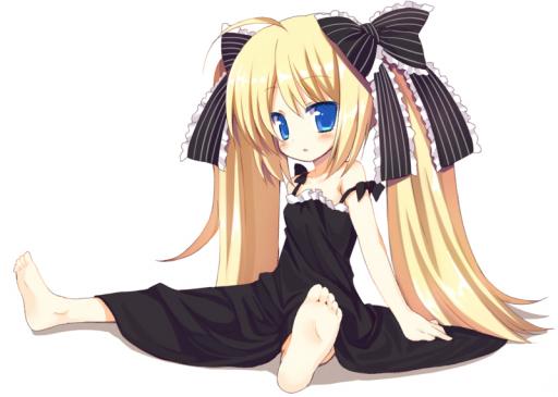 1girl ahoge artist_request barefoot black_dress blonde_hair blue_eyes blush bow child cute dress fair_skin feet flat_chest full_character_shape gothic_lolita hair_bow hair_ornament hair_ribbon loli lolita lolita_fashion long_hair looking_at_viewer meito_(maze) open_mouth original ribbon simple_background sitting soles solo source_request strap_slip toes twin_tails twintails very_long_hair