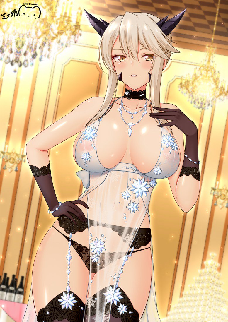 1girl areolae artoria_pendragon_(all) artoria_pendragon_(lancer_alter) babydoll bangs bare_shoulders black_gloves black_legwear black_panties blonde_hair blush bracelet breasts choker cleavage commentary_request cowboy_shot craft_essence dark_persona dutch_angle fate/grand_order fate_(series) garter_belt garter_straps glint gloves hair_between_eyes hand_on_hip hand_up horns indoors jewelry large_breasts light_particles lingerie long_hair looking_at_viewer navel necklace panties parted_lips ppshex revealing_clothes royal_icing see-through shiny shiny_skin sidelocks skindentation smile solo sparkle thighhighs underwear yellow_eyes