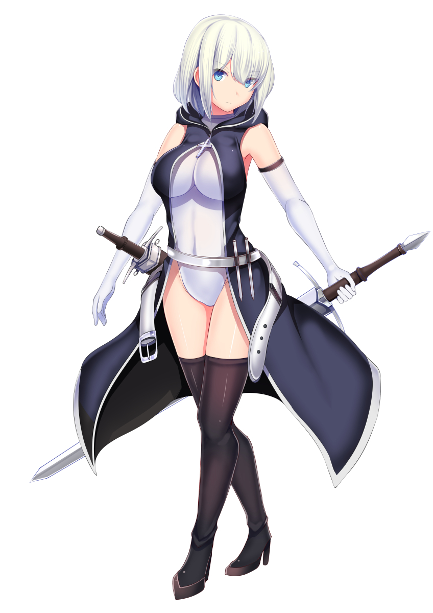 1girl bangs belt black_footwear blue_eyes boots breasts cloak cross daiaru elbow_gloves eyebrows_visible_through_hair eyes_visible_through_hair gloves high_heel_boots high_heels highres holding holding_sword holding_weapon jewelry large_breasts leotard original pendant short_hair silver_hair solo swept_bangs sword thigh_boots thighhighs weapon white_background white_gloves