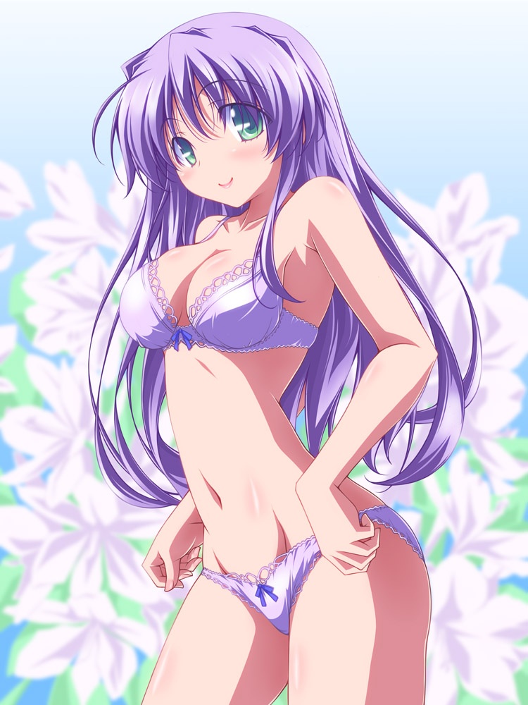 1girl blurry blurry_background blush bow bow_bra bow_panties bra breasts closed_mouth cowboy_shot eyebrows_visible_through_hair feena_fam_earthlight floral_background green_eyes kikuchi_tsutomu lace lace-trimmed_bra lace-trimmed_panties leaning_forward long_hair looking_at_viewer medium_breasts navel panties purple_hair purple_panties solo standing thighs underwear underwear_only yoake_mae_yori_ruri_iro_na