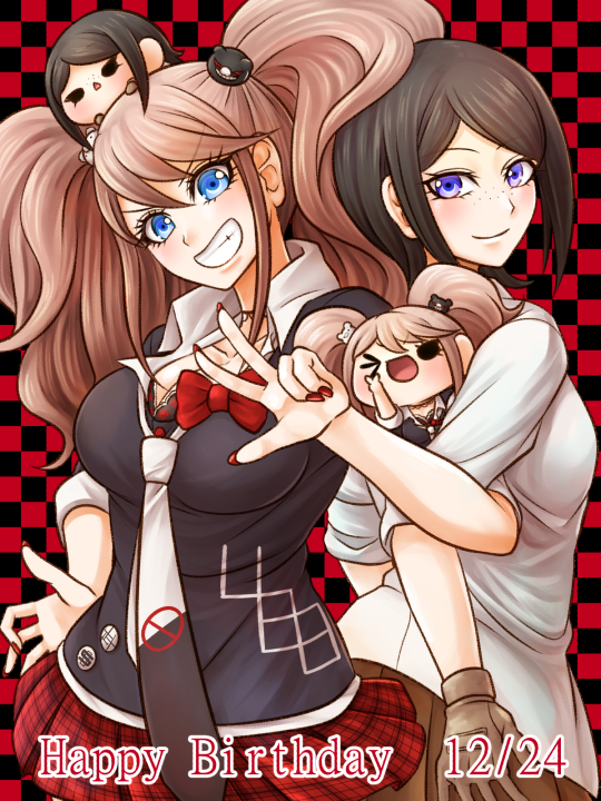 2girls black_bra black_hair bow bra bra_peek breasts brown_gloves brown_hair brown_skirt character_doll checkered checkered_background choker cleavage collarbone danganronpa danganronpa_1 doll_on_head enoshima_junko eyebrows_visible_through_hair freckles gloves grin hair_between_eyes happy_birthday head_tilt ikusaba_mukuro large_breasts locked_arms long_hair looking_at_viewer miniskirt multiple_girls nail_polish necktie plaid plaid_skirt pleated_skirt purple_eyes red_bow red_nails red_skirt shirt short_hair siblings sisters skirt sleeves_rolled_up smile underwear very_long_hair white_shirt yumaru_(marumarumaru)