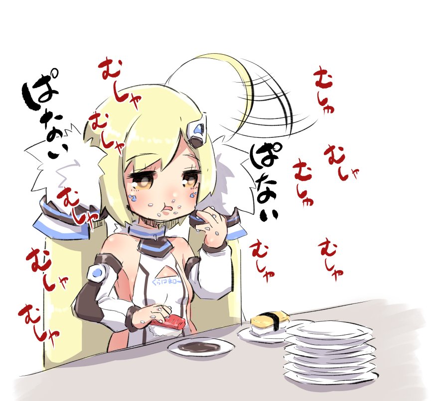 1girl afterimage ahoge ahoge_wag azur_lane bangs blonde_hair blush breasts brown_eyes clothes_writing commentary_request detached_sleeves dress eldridge_(azur_lane) expressive_hair eyebrows_visible_through_hair facial_mark food food_on_face food_on_finger hair_ornament holding holding_food long_hair plate puffy_short_sleeves puffy_sleeves short_sleeves sleeveless sleeveless_dress small_breasts solo sushi translation_request twintails u-non_(annon'an) upper_body very_long_hair white_dress white_sleeves