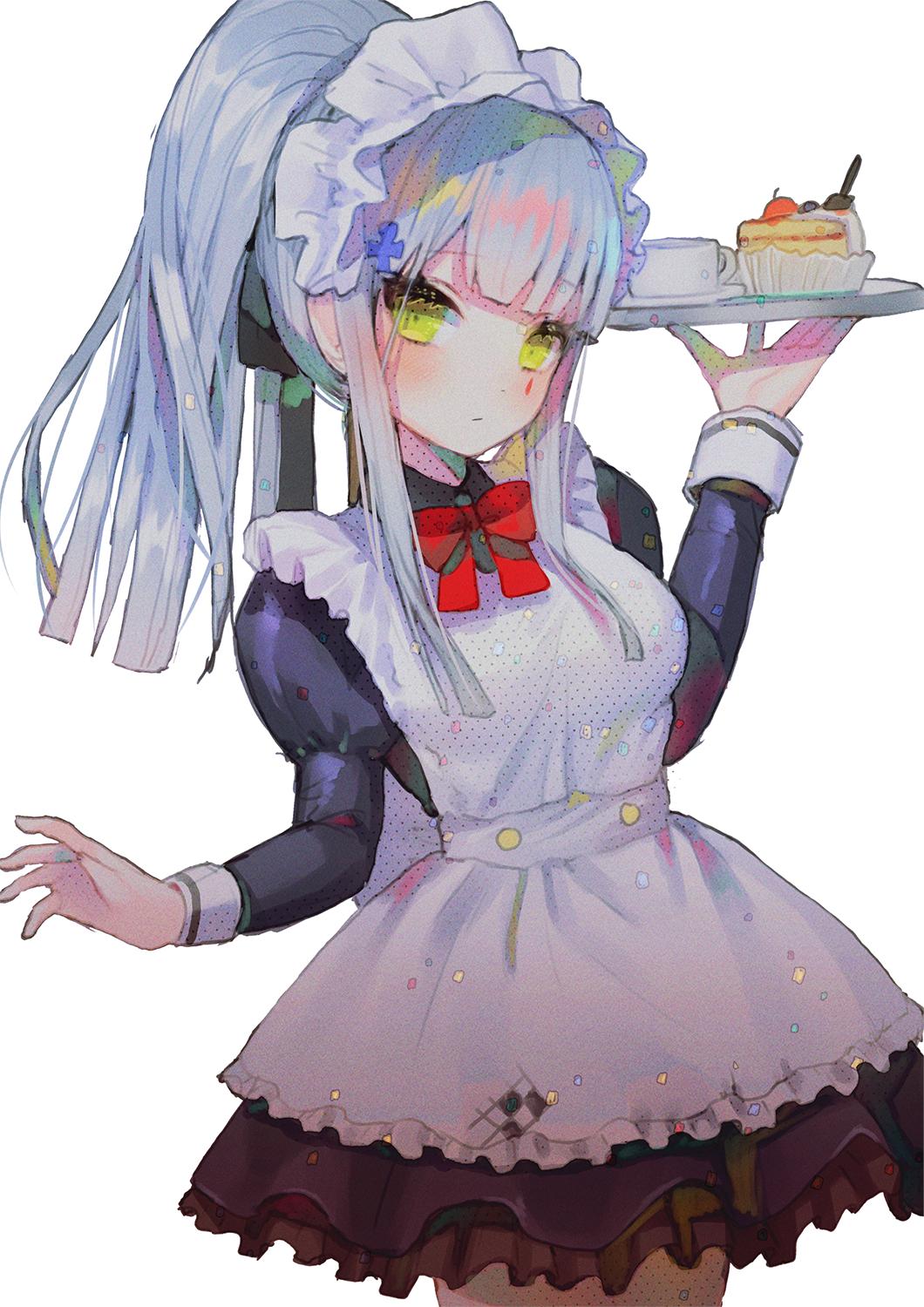 1girl alternate_hairstyle apron black_dress bow bowtie cake cowboy_shot cross_hair_ornament cup dress food frilled_dress frills girls_frontline green_eyes hair_ornament hanato_(seonoaiko) hand_up highres hk416_(girls_frontline) holding holding_tray juliet_sleeves long_hair long_sleeves looking_at_viewer maid maid_apron maid_headdress ponytail puffy_sleeves red_neckwear saucer sidelocks silver_hair simple_background slice_of_cake solo standing teacup tray white_apron white_background wing_collar