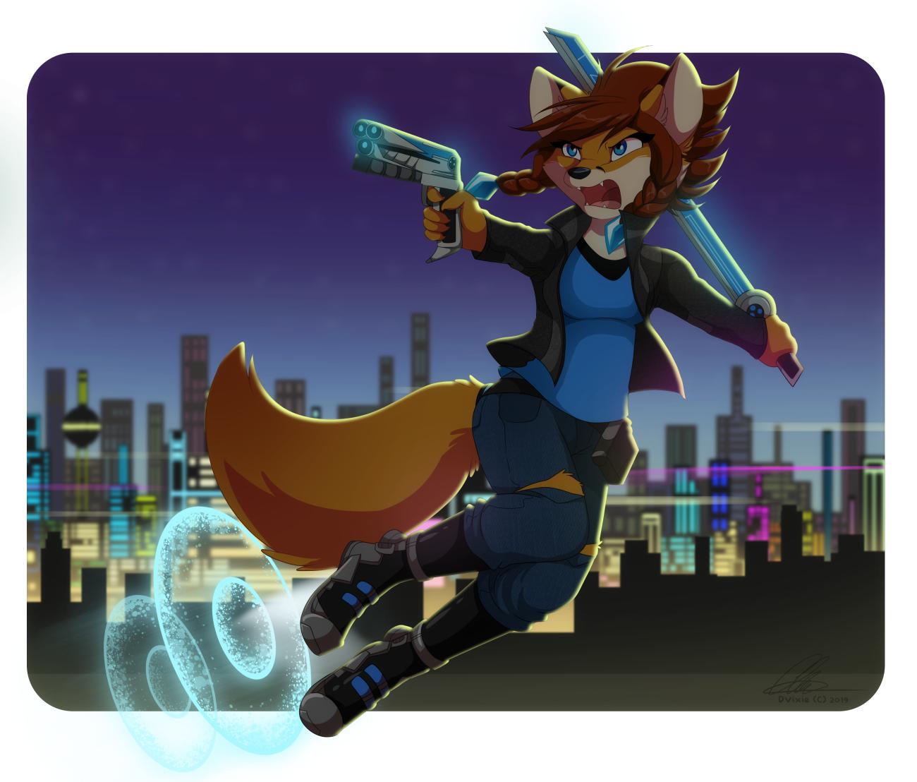 2019 anthro blue_eyes braided_hair brown_hair canid canine clothed clothing d_vixie dennyvixen digital_media_(artwork) dual_wielding female fox gun hair holding_object holding_weapon mammal melee_weapon open_mouth ranged_weapon solo sword teeth tongue weapon