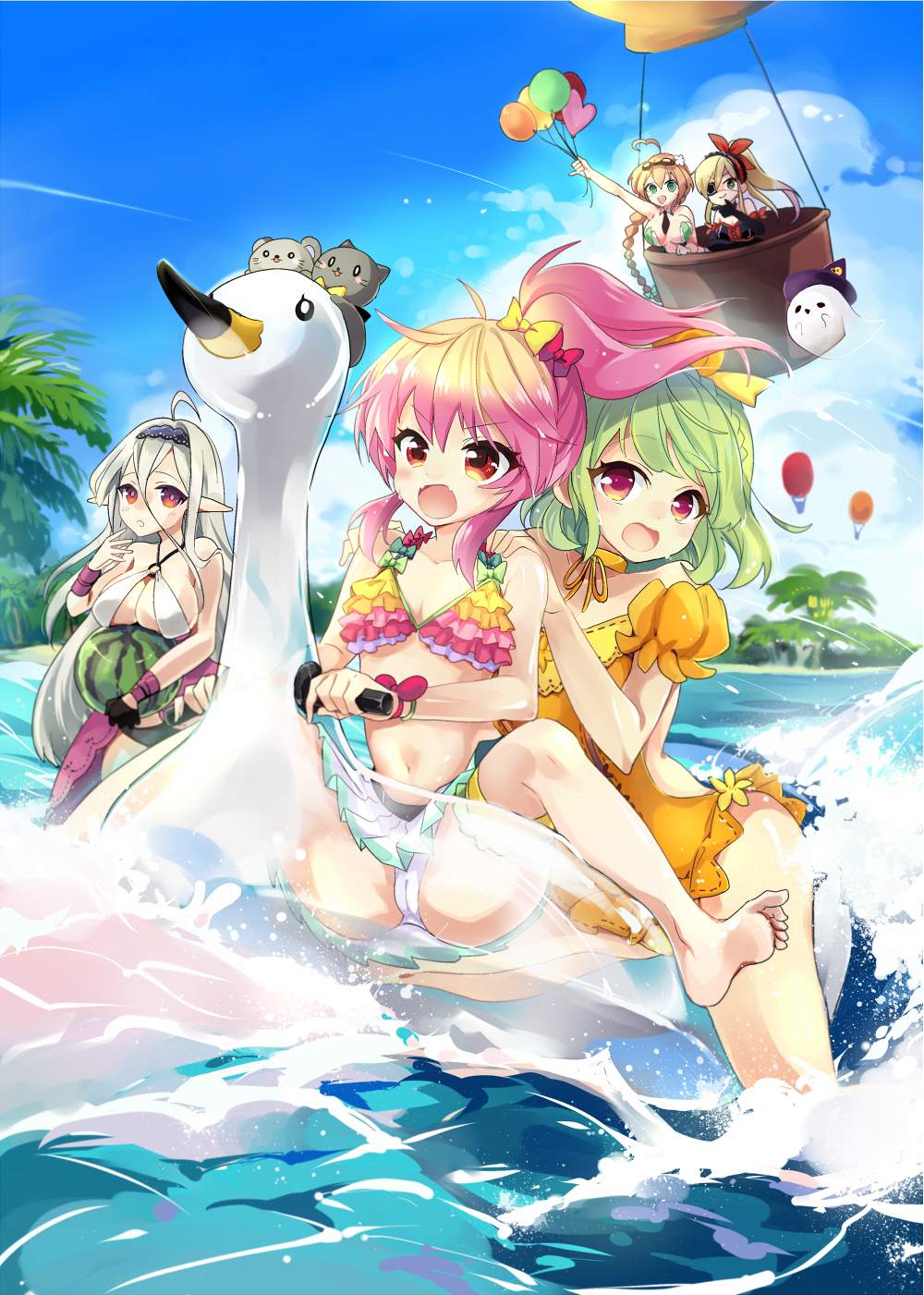 5girls :d :o ahoge aircraft albino animal arm_up balloon balloon_vine_(flower_knight_girl) bare_legs barefoot beach bikini black_neckwear blonde_hair bow braid breasts cat choker eyepatch flat_chest flower_knight_girl food fruit ghost gradient_hair green_eyes green_hair hair_bow highres hitorishizuka_(flower_knight_girl) hot_air_balloon ibuki_hasu ivy_(flower_knight_girl) lantana_(flower_knight_girl) large_breasts long_hair multicolored multicolored_bikini multicolored_clothes multicolored_hair multiple_girls necktie o-ring open_mouth orange_swimsuit palm_tree pepo_(flower_knight_girl) pink_hair pointy_ears ponytail red_bow red_eyes short_hair smile spread_legs summer swimsuit tree water watermelon white_hair yellow_neckwear