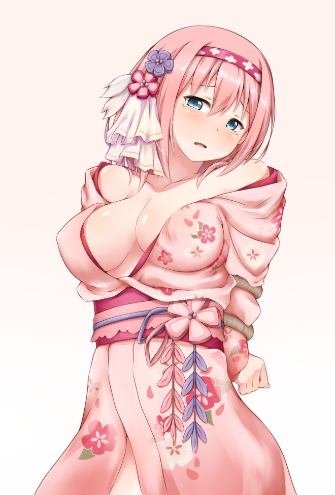 1girl arms_behind_back blue_eyes blush breasts cleavage flower hair_ribbon hairband head_tilt japanese_clothes kimono large_breasts looking_at_viewer open_clothes open_kimono open_mouth pink_flower pink_hair pink_hairband princess_connect!_re:dive restrained ribbon shiny shiny_hair shiny_skin short_hair simple_background solo standing tears white_background white_ribbon yukata yyi