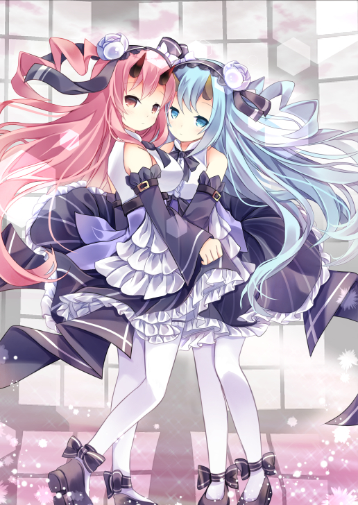 2girls ahoge azur_lane bangs bare_shoulders black_footwear black_neckwear blue_eyes blue_hair blush breasts closed_mouth detached_sleeves eyebrows_visible_through_hair flower frilled_skirt frills full_body gyorui_(yakiudonnn) hair_between_eyes hair_flower hair_ornament horns ikazuchi_(azur_lane) inazuma_(azur_lane) indoors long_hair looking_at_viewer mary_janes multiple_girls oni_horns pantyhose pink_eyes pink_hair shoes skirt sleeveless white_legwear