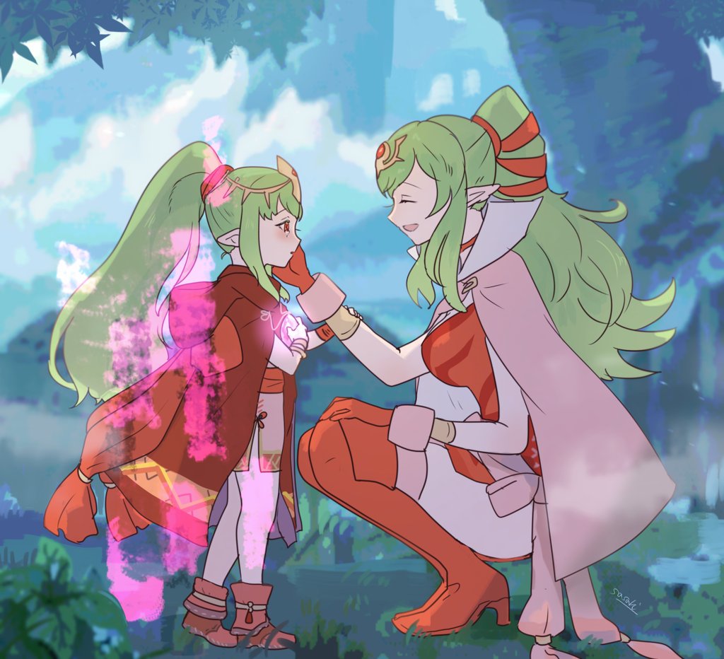 2girls aura boots breasts cape chiki cloak closed_eyes commentary_request crying crying_with_eyes_open dress fire_emblem fire_emblem:_kakusei fire_emblem:_monshou_no_nazo fire_emblem_heroes forest gloves green_hair hair_between_eyes hair_ornament hair_ribbon hand_on_another's_face holding hood hood_down hooded_cloak jewelry large_breasts long_hair looking_at_another mamkute multiple_girls nature older open_mouth parted_lips pink_cape pointy_ears ponytail red_cloak red_footwear red_gloves red_hair red_ribbon ribbon sasaki_(dkenpisss) short_dress smile stone tears tiara time_paradox younger