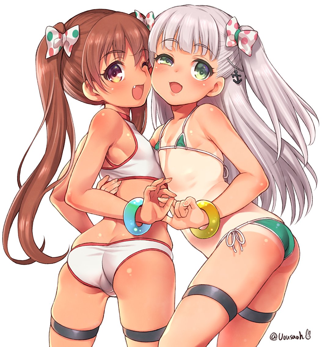 2girls anchor ass bangs bikini blush bow brown_hair eyebrows_visible_through_hair fang flat_chest hair_bow hair_ornament kantai_collection libeccio_(kantai_collection) long_hair looking_at_viewer maestrale_(kantai_collection) micro_bikini multiple_girls ok_sign one_eye_closed open_mouth penetration_gesture ponytail side-tie_bikini side_ponytail silver_hair simple_background swimsuit tan tanline thighs twintails twitter_username uousa-ou white_background