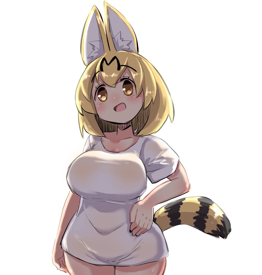 1girl :d alternate_costume animal_ear_fluff animal_ears bangs blonde_hair blush breasts brown_eyes collarbone commentary_request cowboy_shot eyebrows_visible_through_hair hair_between_eyes hand_on_hip head_tilt kemono_friends large_breasts open_mouth serval_(kemono_friends) serval_ears serval_tail shirt short_sleeves simple_background smile solo striped_tail tail u-non_(annon'an) white_background white_shirt