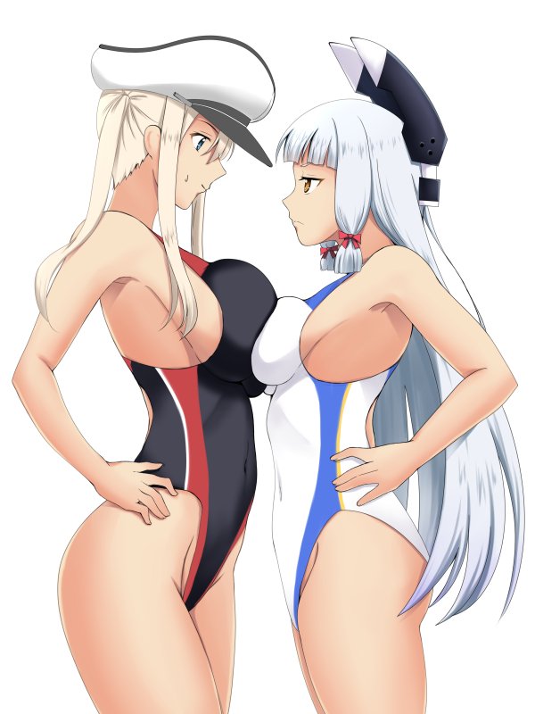 2girls black_swimsuit blonde_hair breast_press breasts commentary_request competition_swimsuit covered_navel cowboy_shot eye_contact fuuma_nagi graf_zeppelin_(kantai_collection) grey_eyes hair_ribbon hands_on_hips hat headgear kantai_collection large_breasts long_hair looking_at_another medium_breasts multiple_girls murakumo_(kantai_collection) one-piece_swimsuit orange_eyes peaked_cap ribbon sidelocks silver_hair swimsuit symmetrical_docking tress_ribbon twintails white_background white_headwear white_swimsuit