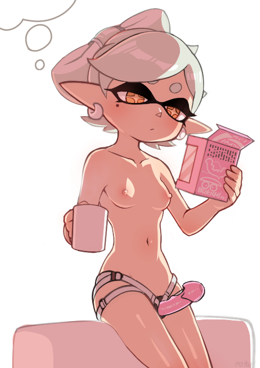 +_+ 1girl :/ areolae bare_arms bare_shoulders breasts closed_mouth cup dildo domino_mask earrings hair_rings holding holding_cup hotaru_(splatoon) jewelry mask mole mole_under_eye mug navel nipples notori_d orange_eyes pointy_ears short_hair silver_hair small_breasts solo splatoon_(series) splatoon_1 strap-on symbol-shaped_pupils tentacle_hair thought_bubble topless