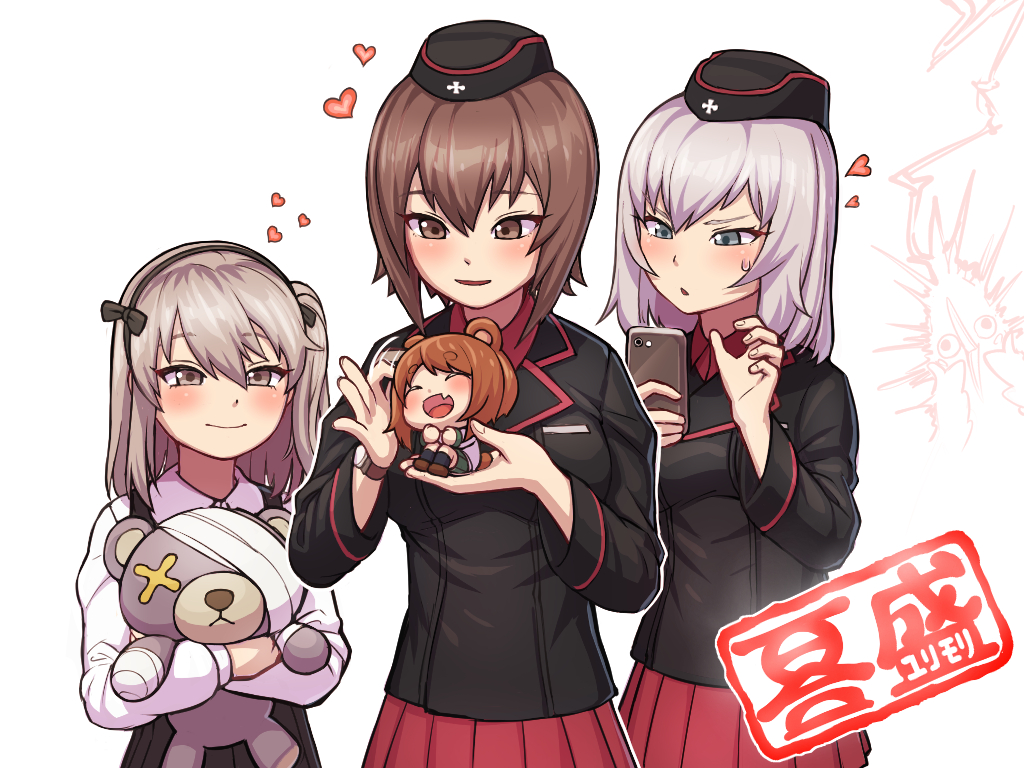 4girls :d ^_^ black_hairband blue_eyes boko_(girls_und_panzer) brown_eyes brown_hair cellphone closed_eyes closed_mouth fang girls_und_panzer hairband heart holding holding_phone itsumi_erika kuromorimine_military_uniform light_brown_eyes light_brown_hair medium_hair multiple_girls nishizumi_maho nishizumi_miho notori_d open_mouth phone pleated_skirt red_skirt shimada_arisu siblings silver_hair sisters skirt smartphone smile stuffed_animal stuffed_toy teddy_bear