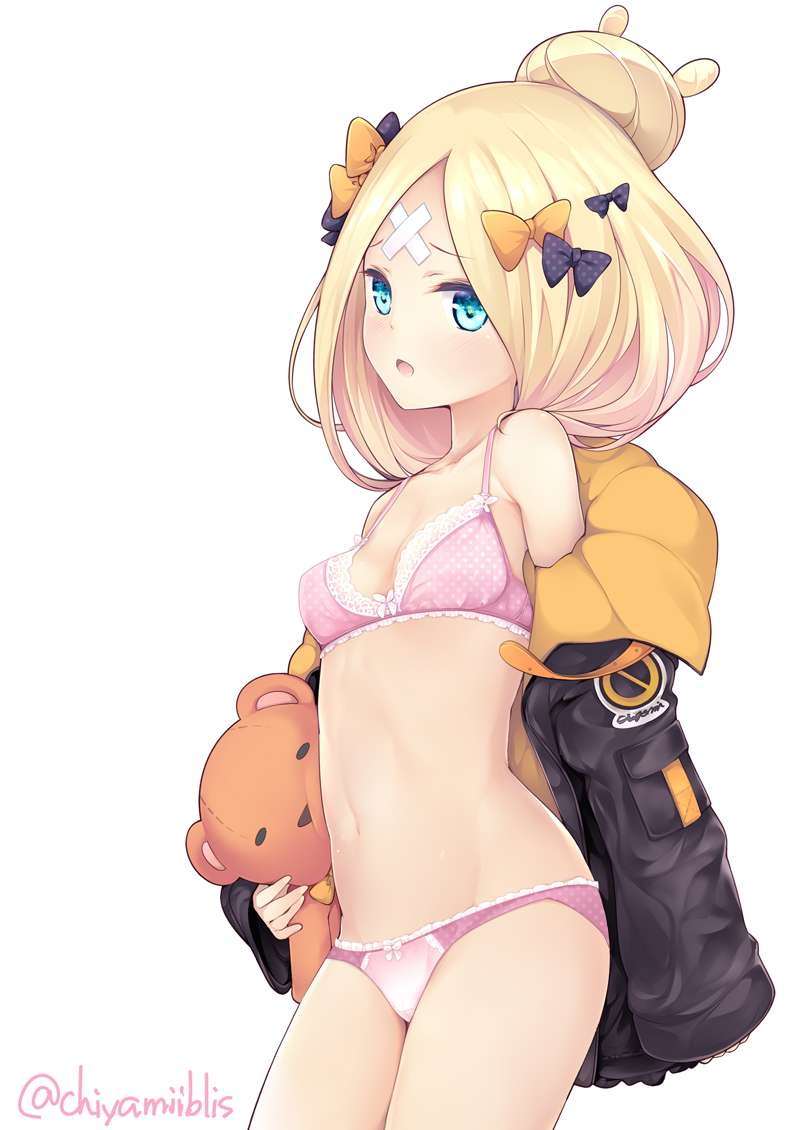 1girl abigail_williams_(fate/grand_order) bangs black_bow black_jacket blonde_hair blue_eyes blush bow bow_bra bow_panties bra breasts chiyami commentary_request cowboy_shot crossed_bandaids eyebrows_visible_through_hair fate/grand_order fate_(series) hair_bow hair_bun heroic_spirit_traveling_outfit jacket long_hair long_sleeves object_hug off_shoulder open_clothes open_jacket open_mouth orange_bow panties parted_bangs pink_bra pink_panties polka_dot polka_dot_bow polka_dot_bra polka_dot_panties simple_background sleeves_past_fingers sleeves_past_wrists small_breasts solo stuffed_animal stuffed_toy teddy_bear twitter_username underwear white_background