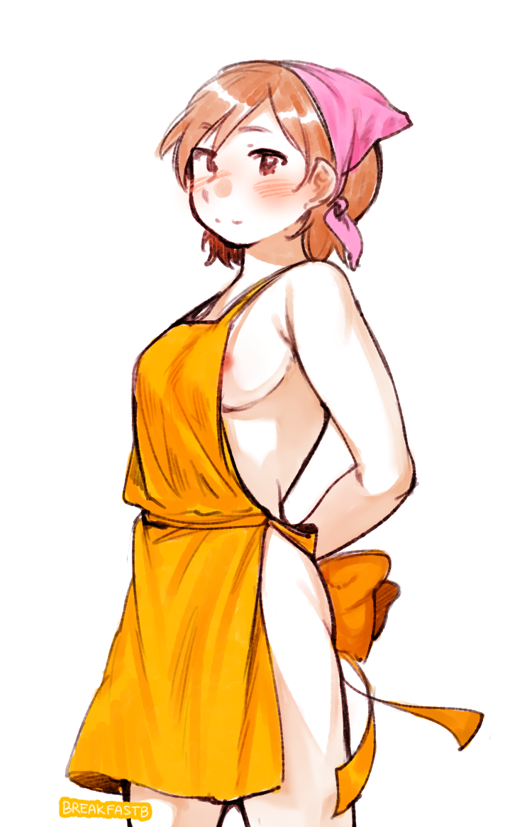 1girl apron arms_behind_back bandana blush breakfastb breasts brown_hair commentary cooking_mama english_commentary looking_at_viewer mama_(cooking_mama) mature medium_breasts naked_apron nipple_slip nipples red_eyes short_hair sideboob solo strap_gap white_background yellow_apron