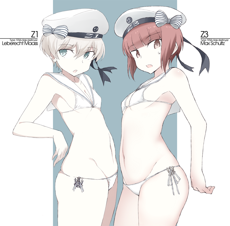 2girls anchor aqua_eyes ass bangs bare_arms bare_legs bare_shoulders bikini blush breasts brown_eyes brown_hair character_name cleavage clothes_writing covered_nipples cowboy_shot eyebrows_visible_through_hair flat_ass from_side frown grey_background grin groin hair_between_eyes hat iron_cross kantai_collection leaning_back looking_away looking_to_the_side lowleg lowleg_bikini micro_bikini multiple_girls navel sailor_bikini sailor_collar sailor_hat short_hair side-tie_bikini silver_hair skindentation small_breasts smile smiley_face souji standing swimsuit text_focus two-tone_background white_background white_bikini white_headwear z1_leberecht_maass_(kantai_collection) z3_max_schultz_(kantai_collection)