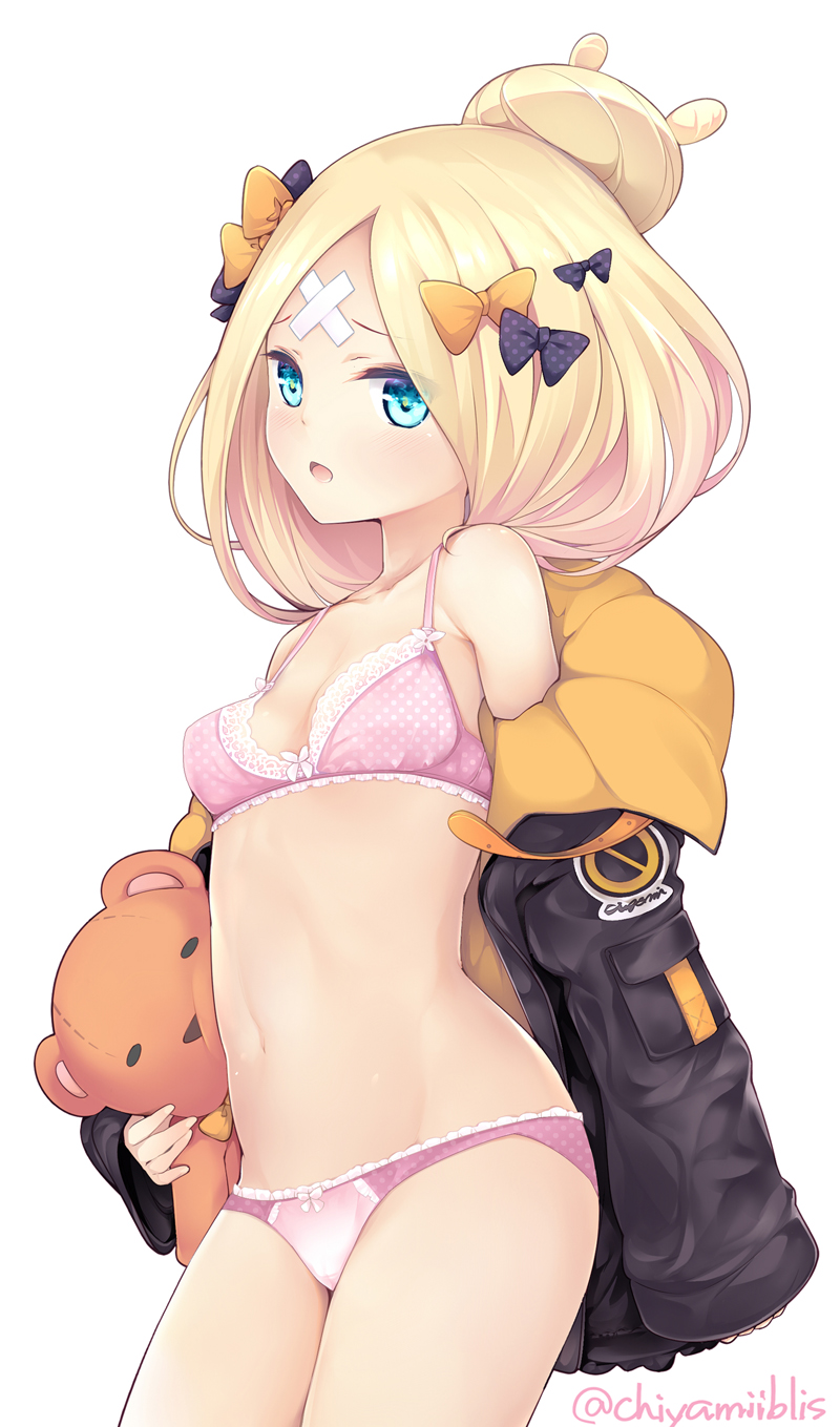 1girl abigail_williams_(fate/grand_order) bangs black_bow black_jacket blonde_hair blue_eyes blush bow bow_bra bow_panties bra breasts chiyami commentary_request cowboy_shot crossed_bandaids eyebrows_visible_through_hair fate/grand_order fate_(series) hair_bow hair_bun heroic_spirit_traveling_outfit highres jacket long_hair long_sleeves object_hug off_shoulder open_clothes open_jacket open_mouth orange_bow panties parted_bangs pink_bra pink_panties polka_dot polka_dot_bow polka_dot_bra polka_dot_panties revision simple_background sleeves_past_fingers sleeves_past_wrists small_breasts solo stuffed_animal stuffed_toy teddy_bear twitter_username underwear white_background