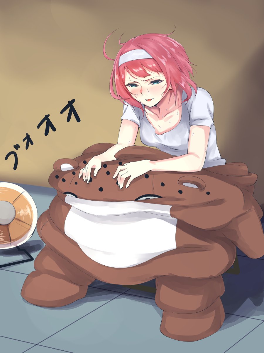 1girl alternate_costume ark_royal_(kantai_collection) blue_eyes bob_cut bokukawauso collarbone commentary_request electric_fan hairband highres kantai_collection mascot otter otter_costume parted_lips red_hair shingyo shirt short_hair sitting solo tired undressing white_hairband white_shirt