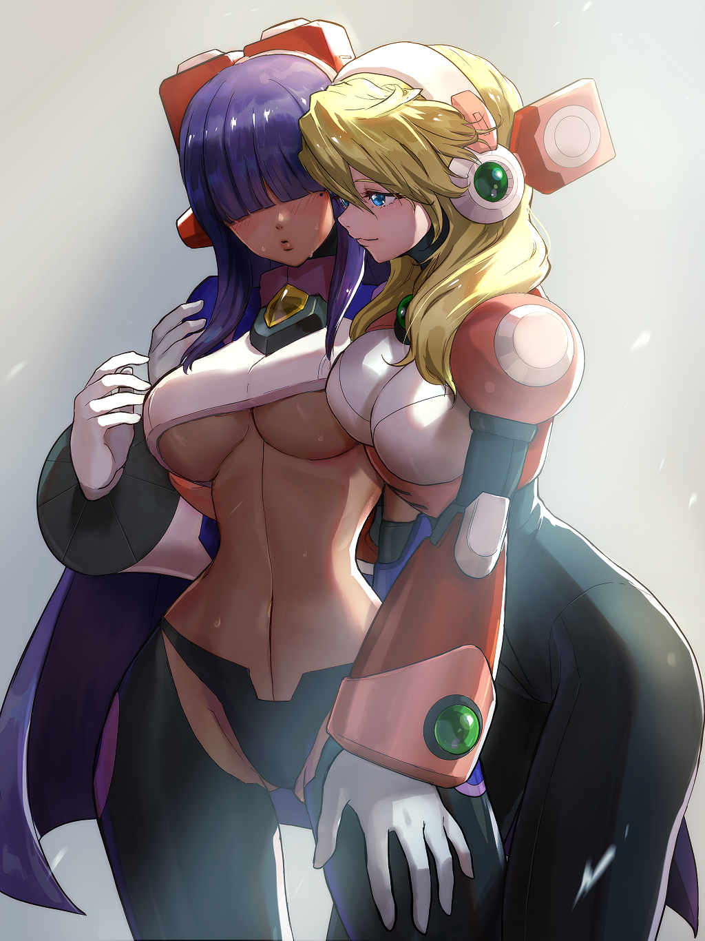 2girls alia_(rockman) android arm_around_shoulder bangs blonde_hair blue_eyes blunt_bangs blush breasts capcom commentary_request dark_skin framed_breasts gloves hair_between_eyes hair_over_eyes hand_on_another's_thigh headset highres hime_cut large_breasts layer long_hair mole mole_under_eye multiple_girls purple_hair robot_ears rockman rockman_x simple_background smile sweat underboob user_fuyz3388 white_gloves wide_hips yuri