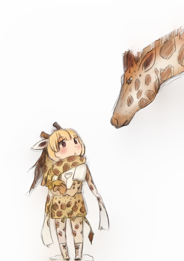 2018 ambiguous_gender animal_humanoid animal_print biped blonde_hair blush boots bottomwear bread brown_eyes brown_fur brown_hair brown_horn brown_mane brown_spots brown_tail clothed clothing curious dress_shirt duo ears_back eye_contact eyebrows female feral food footwear frown fully_clothed fur giraffe giraffe_humanoid giraffe_print giraffid giraffid_humanoid hair half-closed_eyes hatching_(art) holding_food holding_object horn humanoid iceeye_ena japanese kemono_friends larger_ambiguous larger_feral legwear light_skin long_hair looking_at_another looking_down looking_up mammal mane multicolored_fur multicolored_hair open_frown open_mouth orange_bottomwear orange_clothing orange_fur orange_skirt ossicone pattern_clothing pivoted_ears reticulated_giraffe reticulated_giraffe_(kemono_friends) scarf shadow shirt simple_background size_difference skirt smaller_female smaller_humanoid snout spots spotted_clothing spotted_fur standing stare tail_tuft tan_skin thigh_highs topwear tuft two_tone_fur two_tone_hair white_background white_clothing white_shirt white_topwear