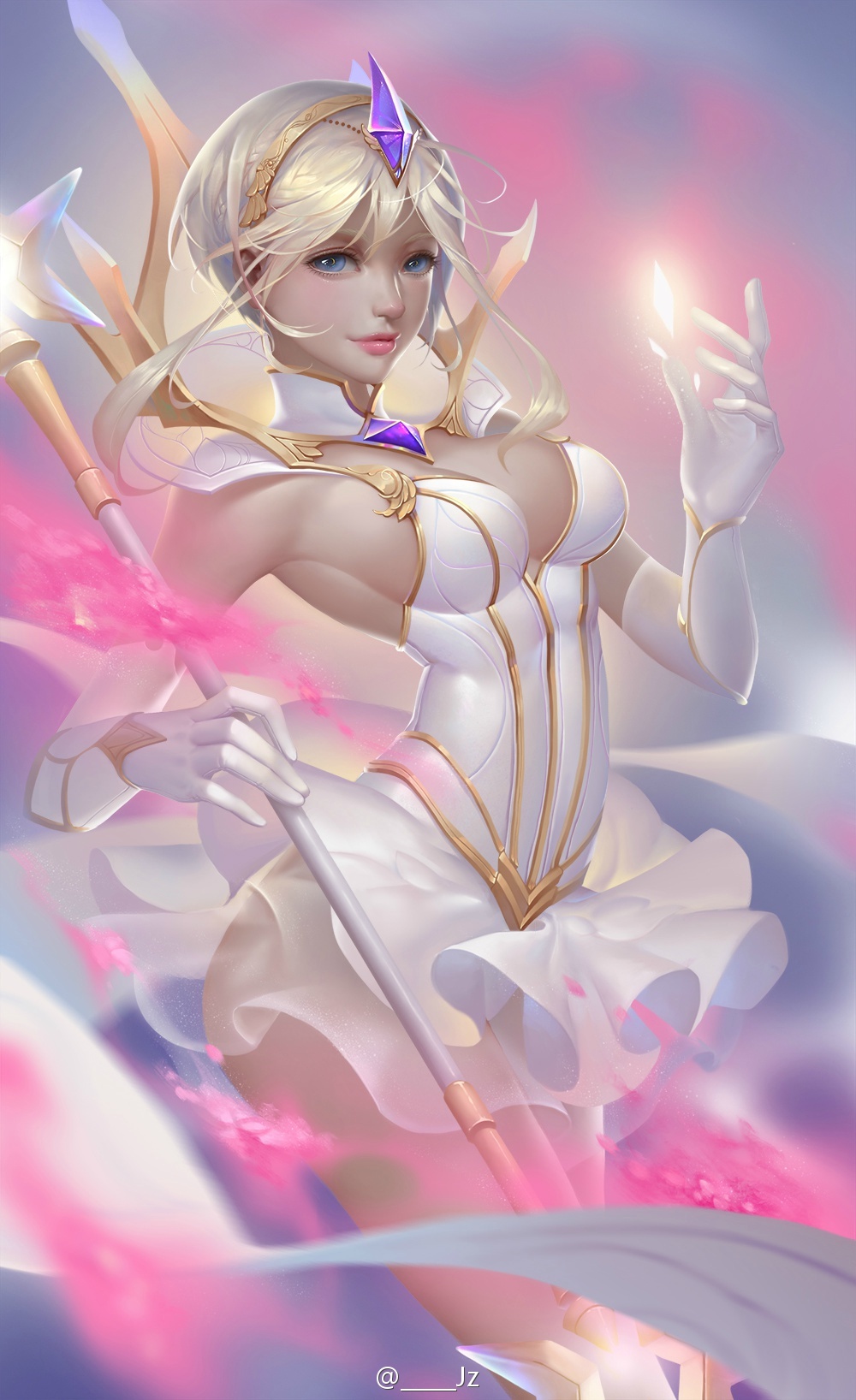 1girl blue_eyes breasts check_artist cleavage dress elbow_gloves elementalist_lux gloves highres jz large_breasts league_of_legends light_elementalist_lux luxanna_crownguard magic realistic sideboob tagme tiara wand white_dress white_gloves white_hair