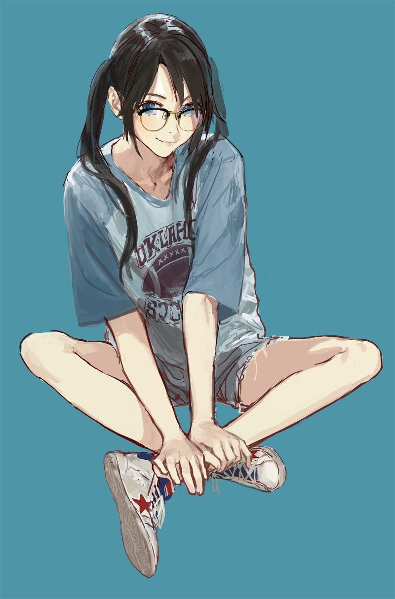1girl black_hair blue_background blue_eyes glasses highres idolmaster idolmaster_shiny_colors long_hair looking_at_viewer mitsumine_yuika rr_(suisse200) shirt shorts simple_background sitting solo spread_legs t-shirt twintails
