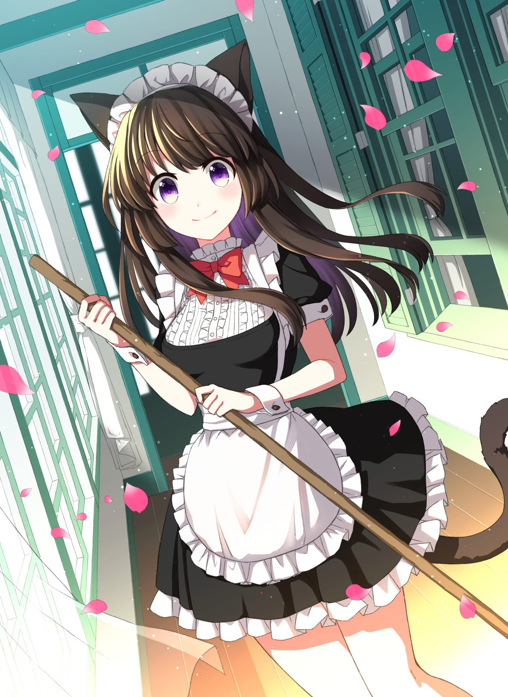 1girl animal_ears apron bangs black_dress black_hair blush bow bowtie broom cat_ears cat_tail center_frills coconat_summer commentary_request curtains dress frilled_apron frilled_dress frilled_shirt_collar frills highres long_hair looking_at_viewer maid maid_headdress original petals purple_eyes red_neckwear short_sleeves smile solo tail waist_apron white_apron window wooden_floor wrist_cuffs