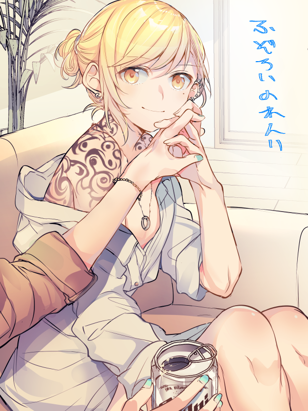 blonde_hair bracelet can commentary_request couch ear_piercing earrings holding_hands jewelry mikan-uji nail_polish necklace open_clothes open_shirt original piercing plant potted_plant smile soda_can tattoo translation_request yellow_eyes