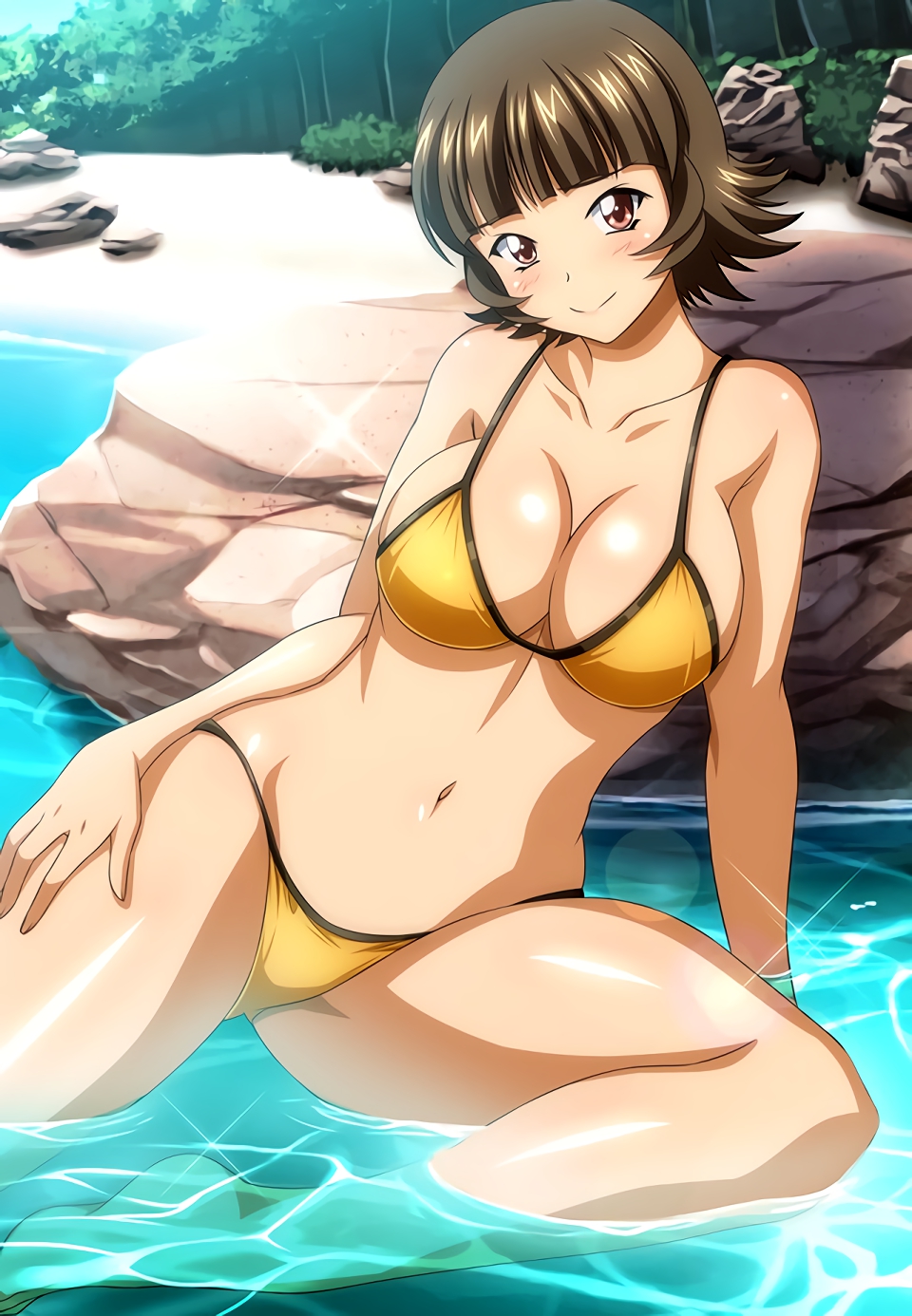 1girl arm_support bangs beach bikini blunt_bangs breasts brown_eyes brown_hair chouhi_ekitoku cleavage collarbone day head_tilt highres ikkitousen large_breasts looking_at_viewer navel outdoors shiny shiny_hair shiny_skin short_hair sideboob sitting smile solo sparkle swimsuit yellow_bikini