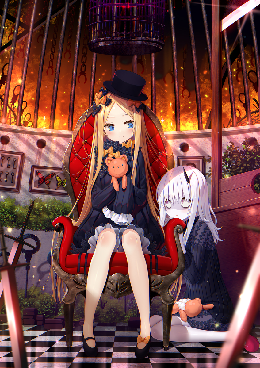 2girls abigail_williams_(fate/grand_order) bangs birdcage black_bow black_dress black_footwear black_headwear blonde_hair blue_eyes blush bow bug butterfly cage chair checkered checkered_floor closed_mouth commentary_request dress fate_(series) full_body glowing glowing_eyes guillotine hair_between_eyes hair_bow hat highres horn insect key lavinia_whateley_(fate/grand_order) long_hair long_sleeves multiple_girls object_hug orange_bow parted_bangs polka_dot polka_dot_bow red_footwear sitting sleeves_past_fingers sleeves_past_wrists smile stuffed_animal stuffed_toy sword teddy_bear very_long_hair wariza weapon white_bloomers white_hair yano_mitsuki