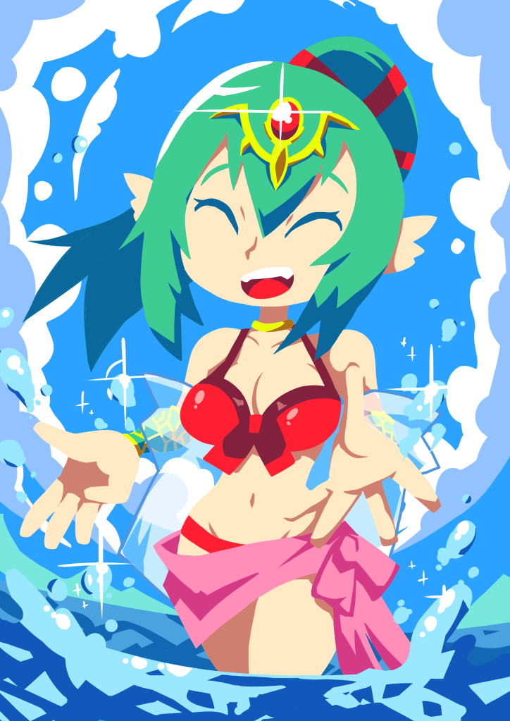 1girl bikini blue_sky breasts chiki cleavage closed_eyes cloud droplet fire_emblem green_hair intelligent_systems open_mouth pointy_ears ponytail reaching_out red_bikini setz sky smile sparkle swimsuit water