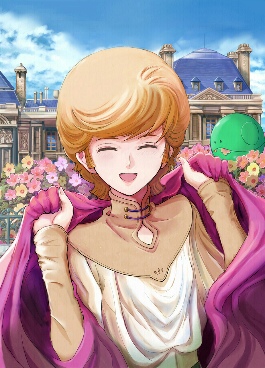 1girl audrey_burne blue_sky cape cloak closed_eyes cloud commentary_request day eating flower gacha-m gundam gundam_unicorn happy haro highres jacket mansion mineva_lao_zabi open_mouth orange_hair short_hair sky smile solo