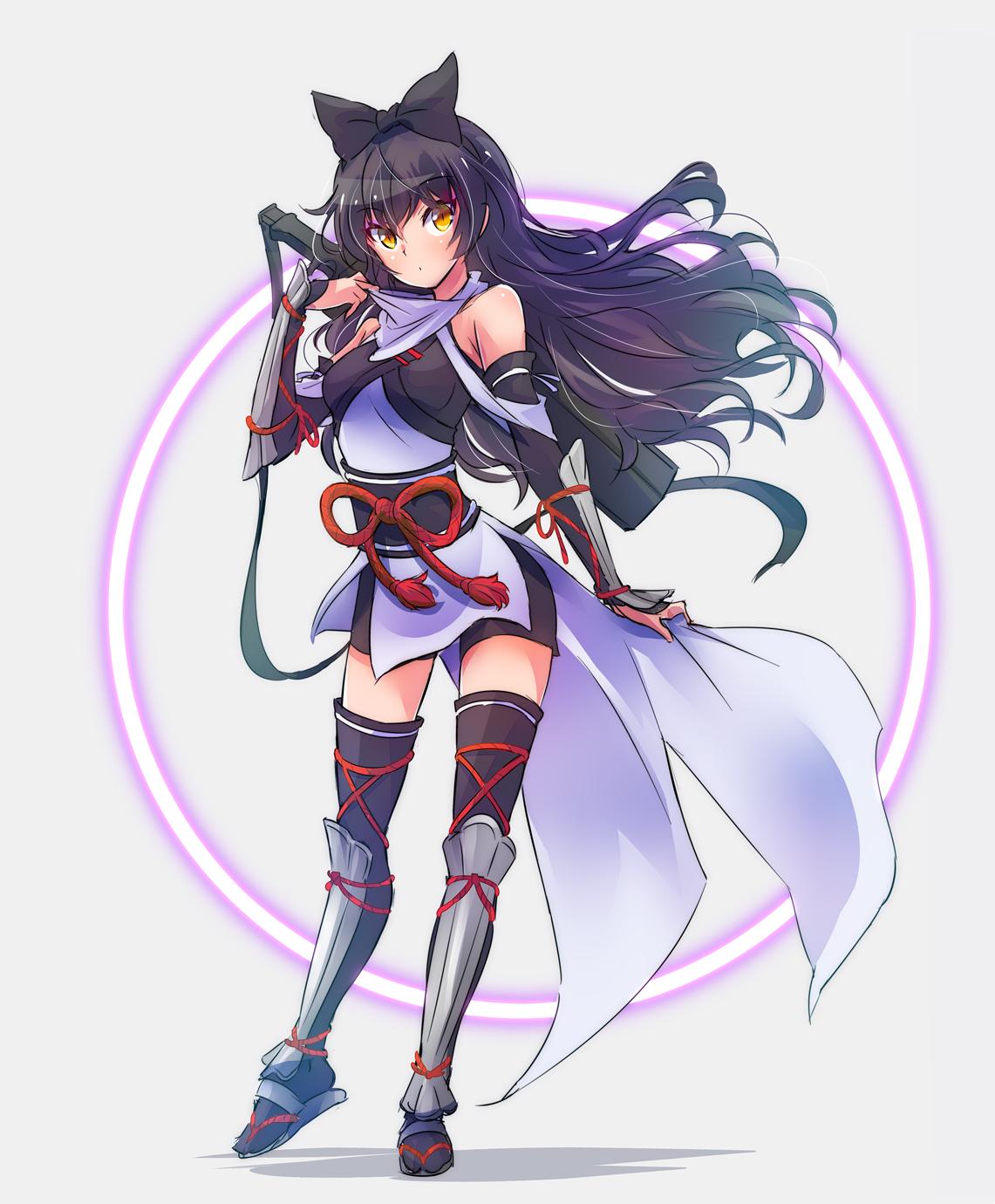 1girl black_hair black_legwear blake_belladonna bow coattails detached_sleeves gambol_shroud hair_bow highres iesupa long_hair obi ribbon rwby sandals sash shin_guards shorts solo thighhighs vambraces yellow_eyes