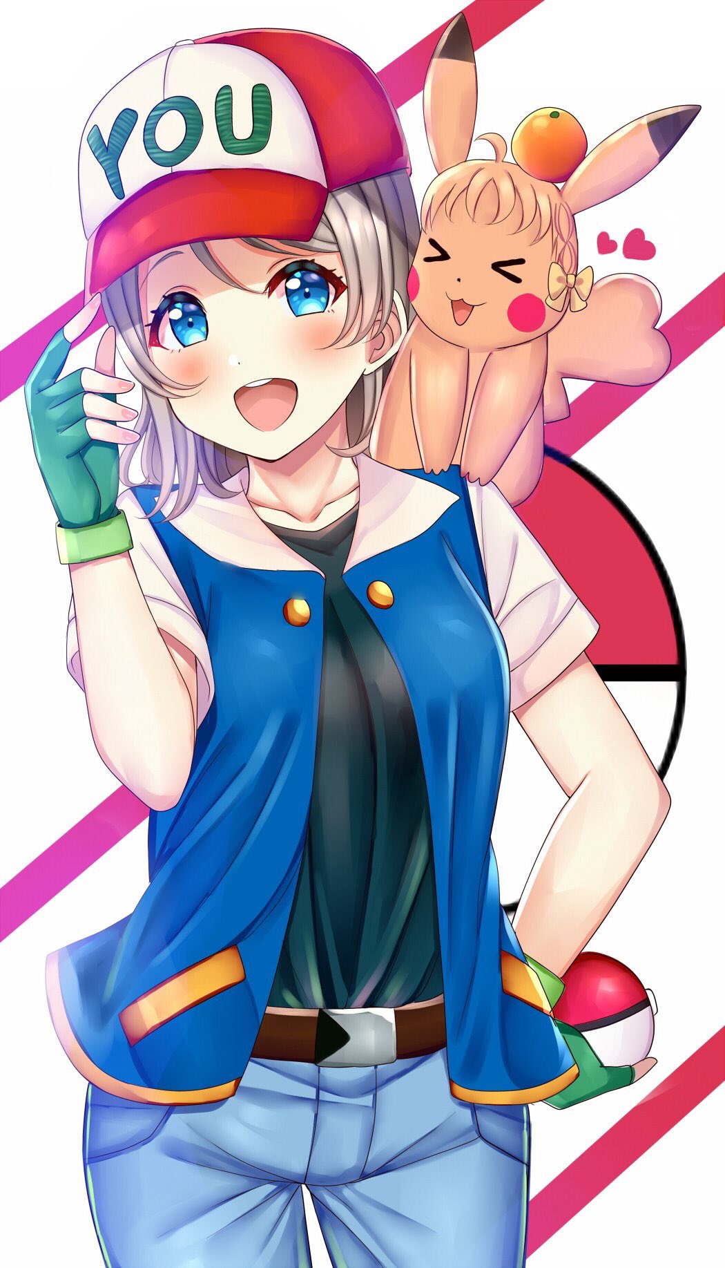 baseball_cap belt blue_eyes character_name cosplay denim fingerless_gloves food fruit gen_1_pokemon gloves grey_hair hand_on_headwear hat highres jacket jeans love_live! love_live!_sunshine!! mandarin_orange mizukoshi_(marumi) pants pikachu pikachu_(cosplay) poke_ball pokemon pokemon_(creature) satoshi_(pokemon) satoshi_(pokemon)_(cosplay) shirt_tucked_in takami_chika watanabe_you