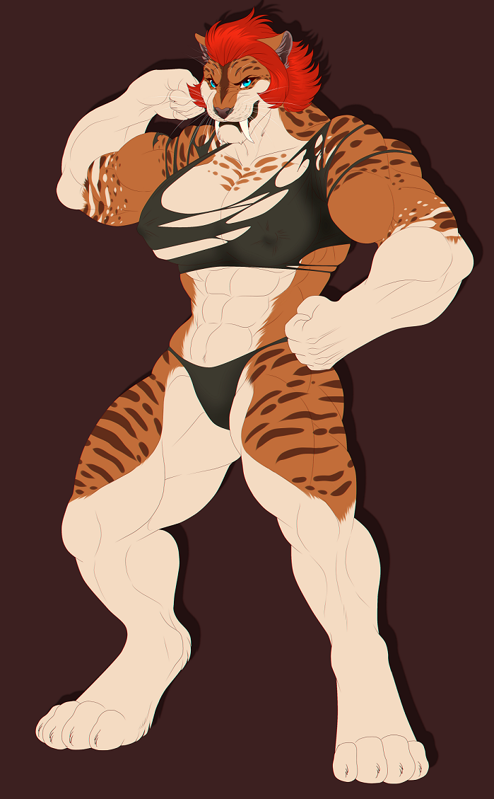 abs anthro big_breasts blue_eyes breasts brown_background clothing felid female flexing hair inkrend looking_at_viewer machairodontine mammal muscular muscular_female red_hair simple_background solo standing stripes torn_clothing whiskers