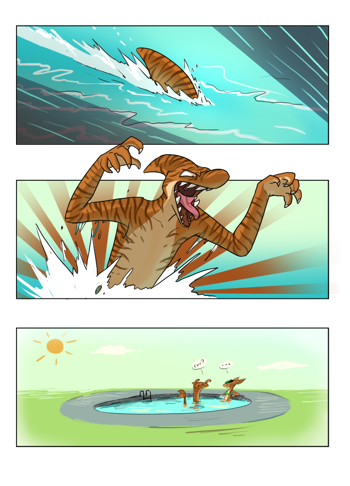 ... 2012 5_fingers alpha_channel anthro comic fish humor kour marine open_mouth orange_body outside partially_submerged raised_arm requiem_shark rusteh shark striped_body sun swimming_pool text tiger_shark unamused water