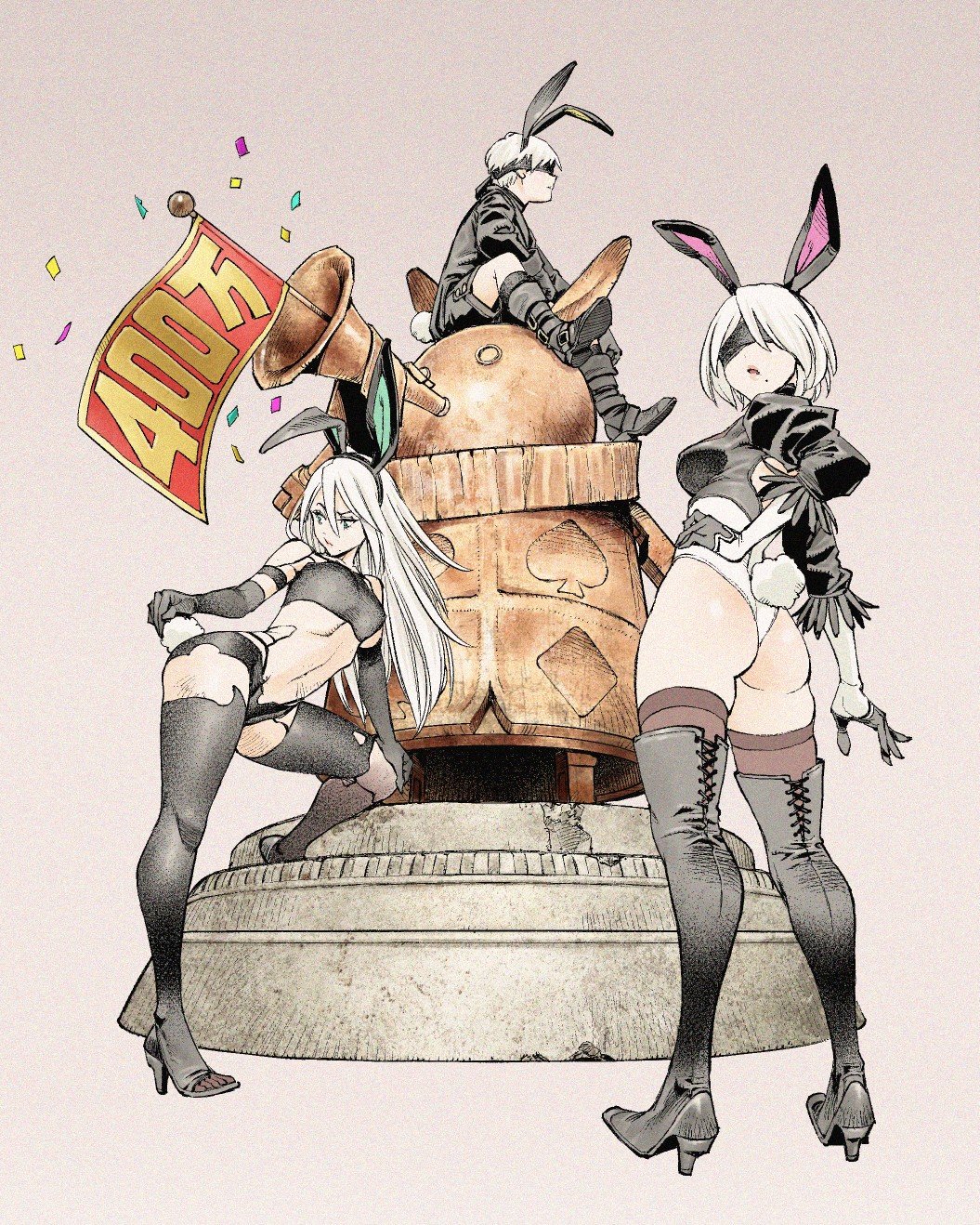 1boy 2girls android animal_ears ass black_hairband black_legwear blindfold boots breasts bunny_ears bunny_tail diamond_(symbol) elbow_gloves feather-trimmed_sleeves flag gloves grey_background hairband high_heel_boots high_heels highleg highleg_leotard highres horn_(instrument) leotard long_hair machine_(nier) mole mole_under_mouth multiple_girls navel nier_(series) nier_automata shinya_komi short_hair silver_hair sitting spade_(shape) standing statue stomach tail thighhighs thighhighs_under_boots toeless_legwear yorha_no._2_type_b yorha_no._9_type_s yorha_type_a_no._2